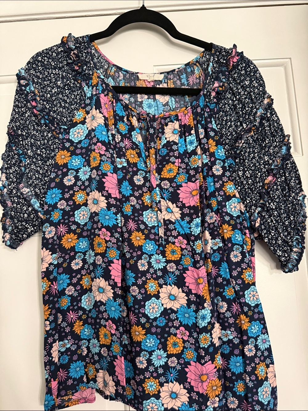easel Navy Floral Peasant Top in Blue, Pink & Yellow